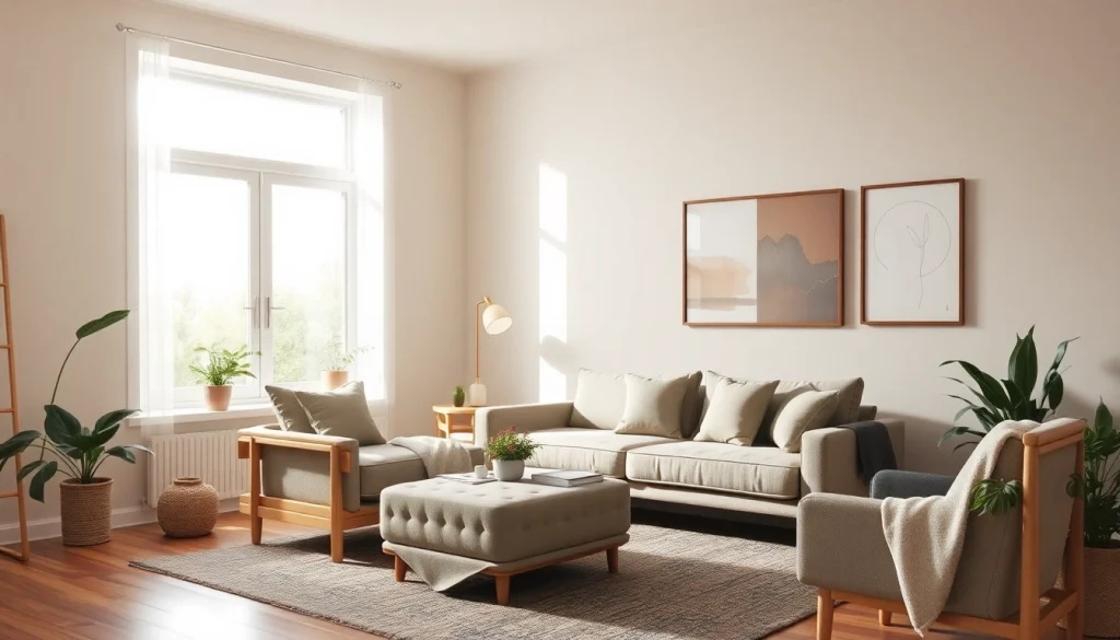 Raumgestaltung mit einem modernen, stilvollen Wohnzimmer, warmen Lichtakzenten und gemütlicher Atmosphäre.