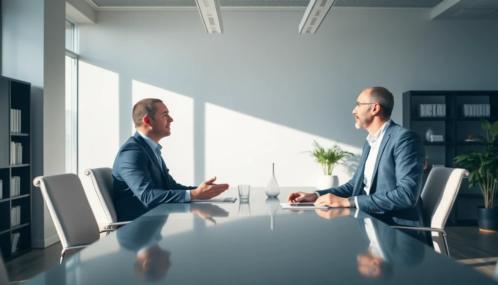 Headhunter Geschäftsführer diskutiert in einem modernen Büro über Führungskräfte.