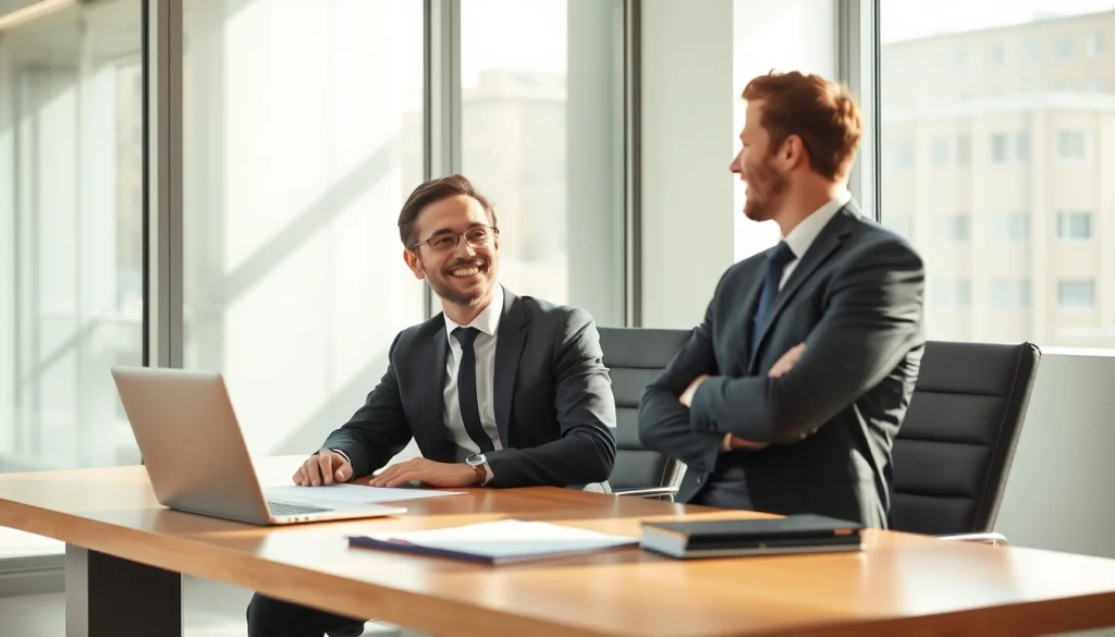 Headhunter Finance im Gespräch mit einem Kandidaten in einem modernen Büro.