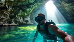 Tauchen Cenotes: Ein Taucher erkundet einen atemberaubenden Cenote mit kristallklarem Wasser und spektakulären Felsformationen.