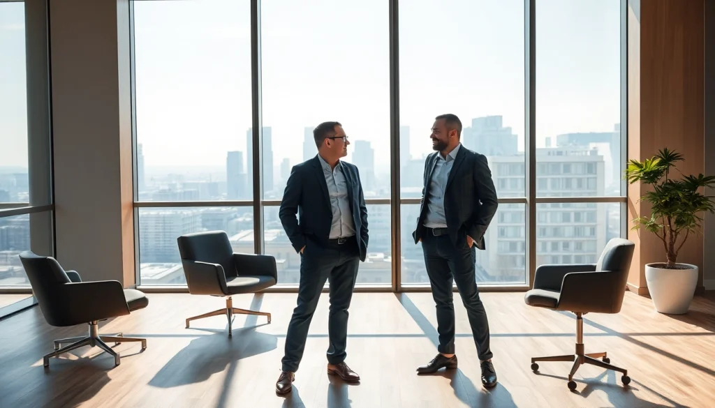 Gestikulierender Headhunter CEO im Gespräch mit einem Kandidaten in modernem Büro.