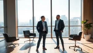 Gestikulierender Headhunter CEO im Gespräch mit einem Kandidaten in modernem Büro.