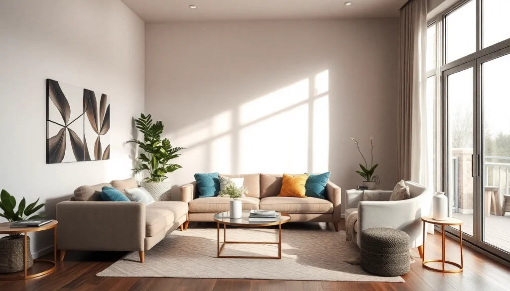 Gemütliches Wohnzimmer mit eleganter Raumgestaltung, hellen Farben und moderner Einrichtung.