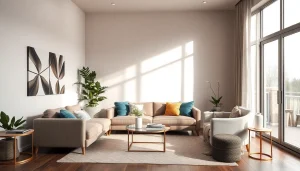 Gemütliches Wohnzimmer mit eleganter Raumgestaltung, hellen Farben und moderner Einrichtung.