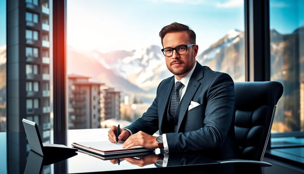 Headhunter Schweiz berät Unternehmen in einem modernen Büro umgeben von Hochhäusern.