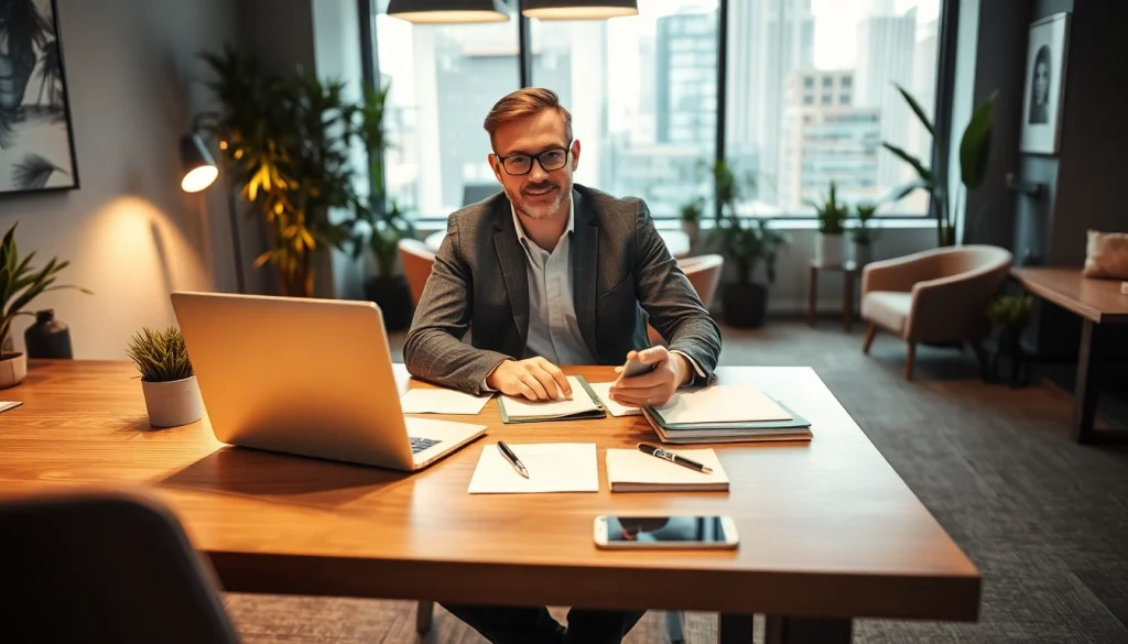Professioneller Headhunter Köln am modernen Schreibtisch, umgeben von stilvollem Büro-Setup.