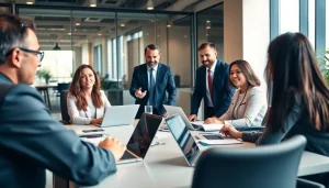 Interaktive Diskussion unter Headhunter Mannheim-Experten in einem modernen Büro.