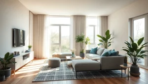 Raumgestaltung eines modernen Wohnzimmers mit harmonischen Farbnuancen und natürlichen Materialien.