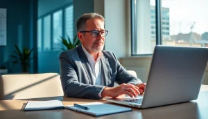 Headhunter engaging in a video call in a modern office setting