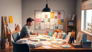 Karten selbst gestalten in einer einladenden Designumgebung mit kreativen Materialien und Designs.