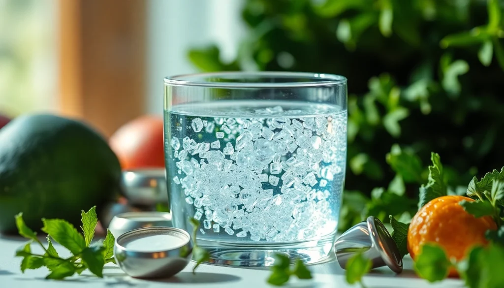 Hochreines kolloidales Silber kaufen in einem eleganten Glasbehälter, umgeben von frischem Gemüse und silbernen Objekten.