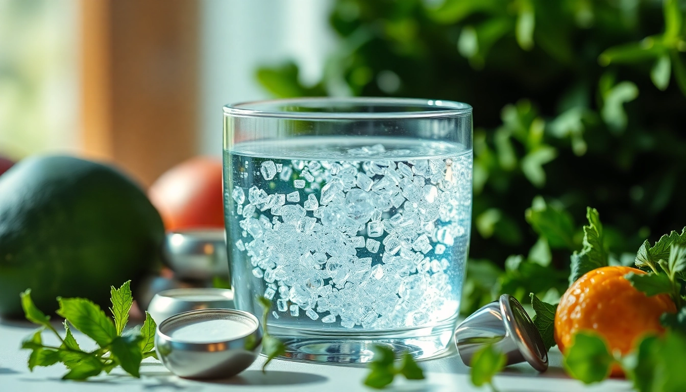Hochreines kolloidales Silber kaufen in einem eleganten Glasbehälter, umgeben von frischem Gemüse und silbernen Objekten.