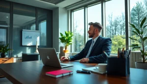 Headhunter IT konzentriert sich bei der Arbeit auf einen Laptop in einem modernen Büro.