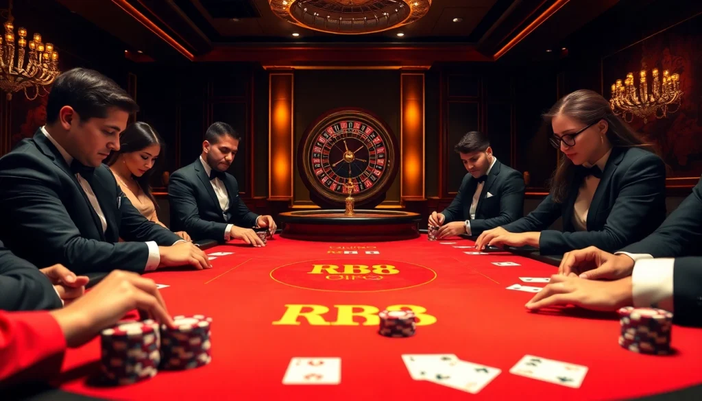 Exciting poker action at RR88's luxurious casino, showcasing high-stakes gameplay.