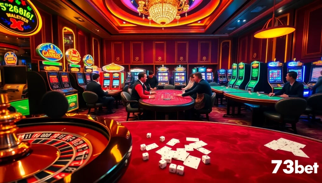 Experience the excitement of 733bet with vibrant casino games, players at poker tables, and slot machines.