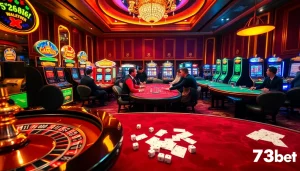 Experience the excitement of 733bet with vibrant casino games, players at poker tables, and slot machines.