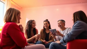 Exciting online sex chat scene with diverse individuals engaging in conversation.