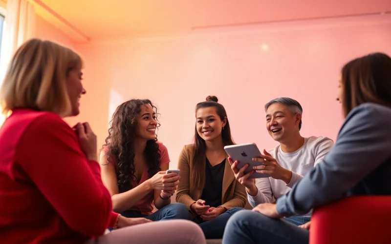 Exciting online sex chat scene with diverse individuals engaging in conversation.