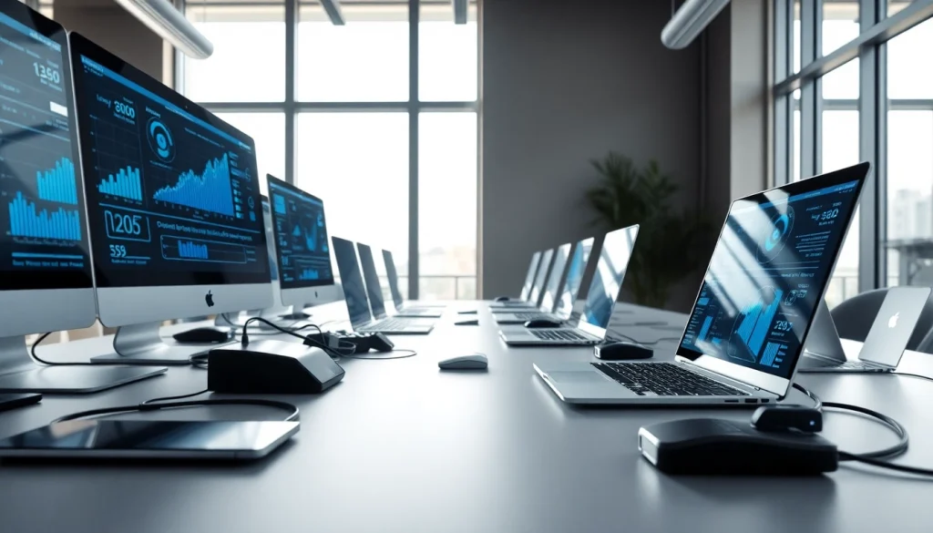 Technologie in einem modernen Arbeitsumfeld mit innovativen Geräten und Präsentationen.