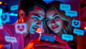 Engaging scene of individuals in a porn chat, featuring dynamic chat bubbles and warm lighting.