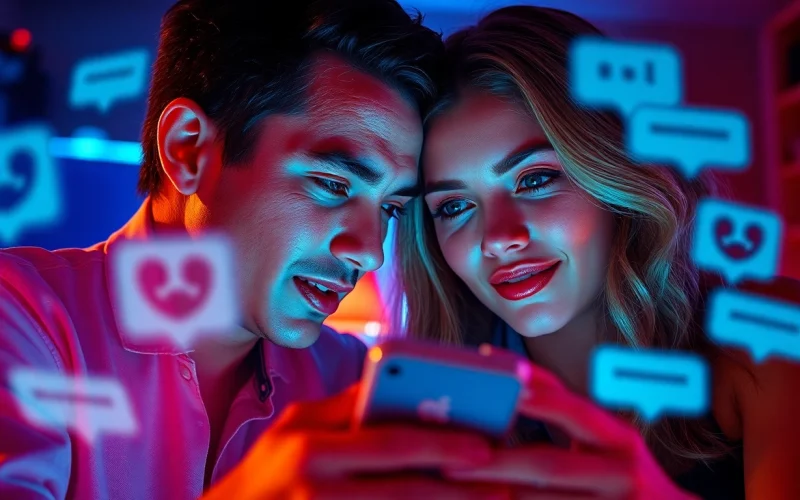 Engaging scene of individuals in a porn chat, featuring dynamic chat bubbles and warm lighting.