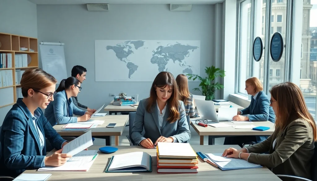 Beglaubigte Übersetzer arbeiten in einer professionellen Büroumgebung und demonstrieren Fachkompetenz und Vertrauenswürdigkeit.