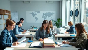 Beglaubigte Übersetzer arbeiten in einer professionellen Büroumgebung und demonstrieren Fachkompetenz und Vertrauenswürdigkeit.