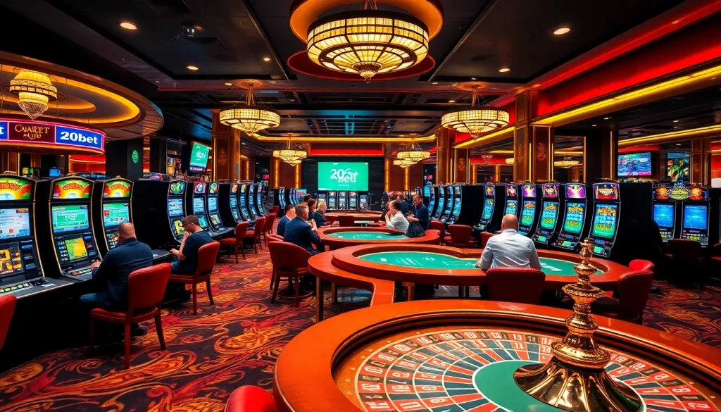 Gamblers enjoying the excitement of 20bet in a luxurious casino environment with poker tables and slot machines.