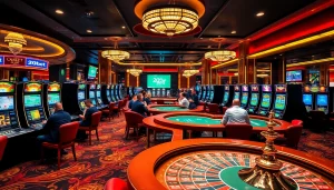 Gamblers enjoying the excitement of 20bet in a luxurious casino environment with poker tables and slot machines.