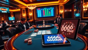 Engage with 6666bet at a luxurious poker table with refined players, cards, and roulette wheel.