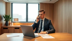 Headhunter Gastronomie arbeitet in einem eleganten Büro, telefoniert und überprüft Bewerbungen.