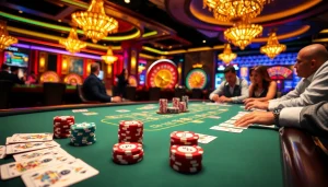 Experience high-stakes action at BL555 with colorful poker chips and thrilling gameplay in a luxurious casino.