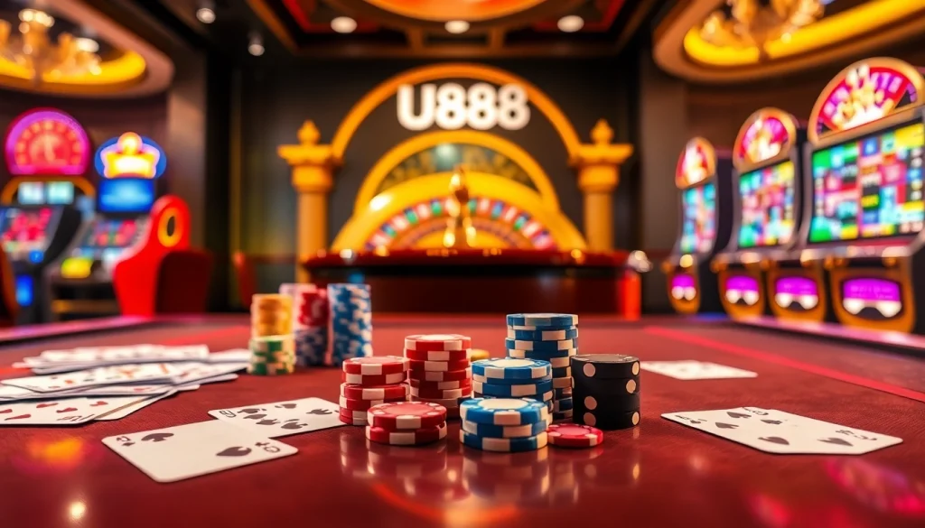 Experience the excitement of U888 with vibrant casino tables and lively gaming elements.