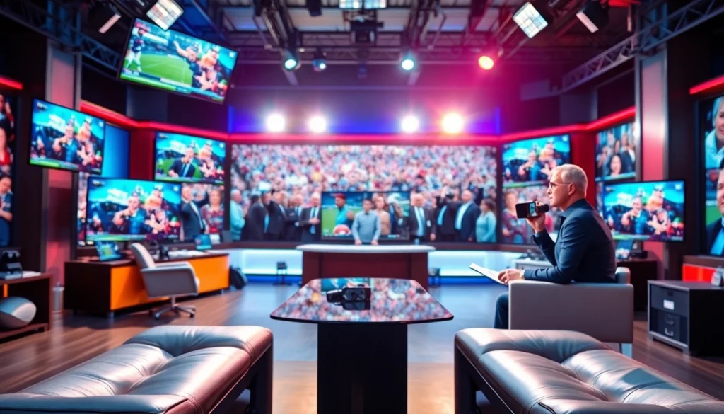 Sports Broadcasting studio with anchor reporting news, dynamic atmosphere, and vibrant visuals.