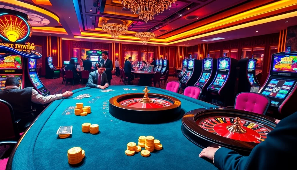 IWIN68 gaming scene featuring vibrant roulette wheel and players at a luxurious Baccarat table.