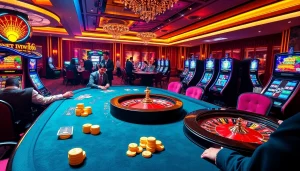 IWIN68 gaming scene featuring vibrant roulette wheel and players at a luxurious Baccarat table.