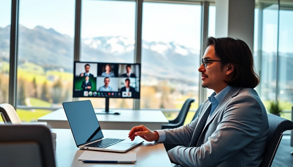 Headhunter Schweiz in professioneller Umgebung, die einen Videokonferenz mit Klienten führt.