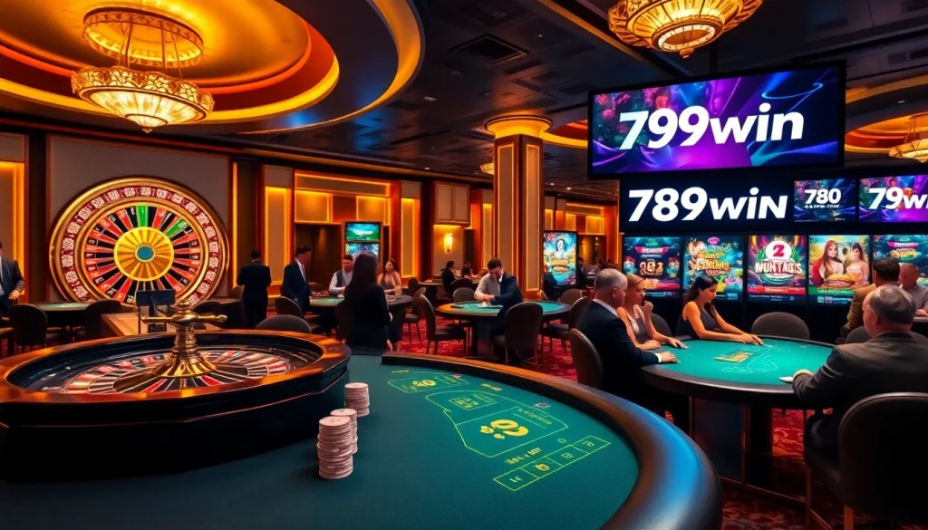 Experience the excitement of 789win with a vibrant casino scene featuring poker chips and a roulette wheel.