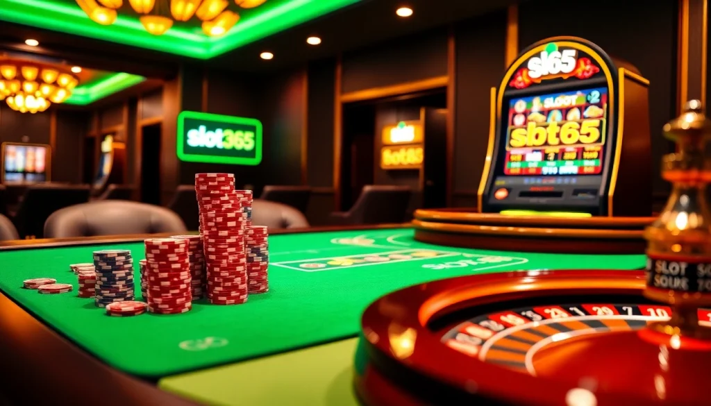 Thrilling casino experience featuring the vibrant slot365 machine and poker chips on a table.