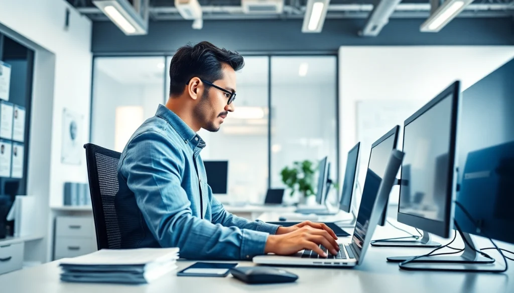Headhunter IT bei der Arbeit in einem modernen Büro, konzentriert auf die Rekrutierung von Talenten.