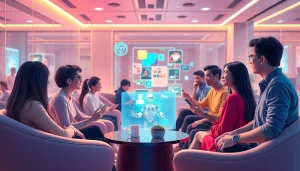 Engaging scene of diverse users interacting with juicy ai in a futuristic tech lounge, fostering companionship through AI chatbots.