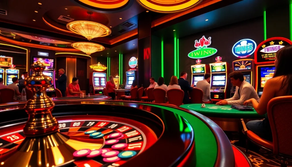 IWIN68 gamblers enjoying vibrant table games in a luxurious casino setting.