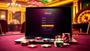 Registering at 789club with vibrant casino elements like poker chips and a sleek interface.