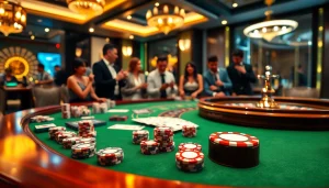 Engage in thrilling games at https://ok365.tw/ with a vibrant casino scene showcasing poker chips and roulette.