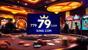 Experience the excitement at 79KING COM with players celebrating wins at a stylish casino table.