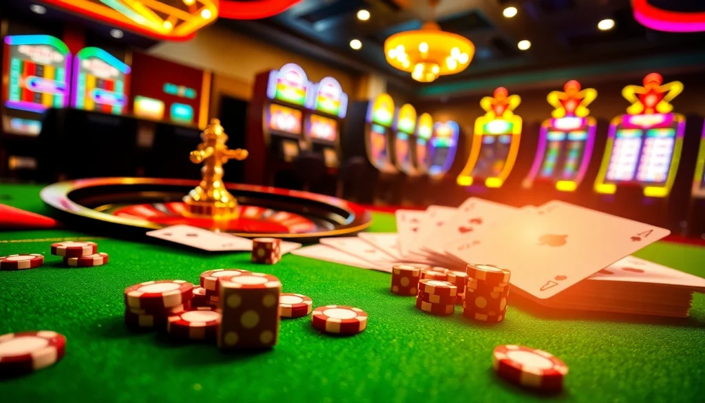 Experience thrilling gameplay at U888 with a luxurious casino table and vibrant slot machines.