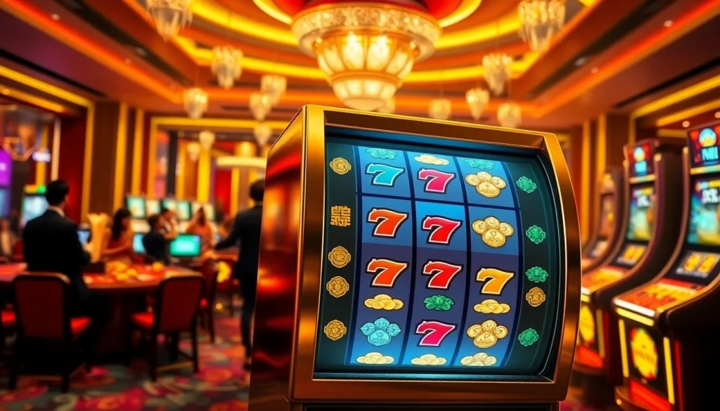 Nổ hũ slot machine in an upscale casino with players celebrating their winnings.