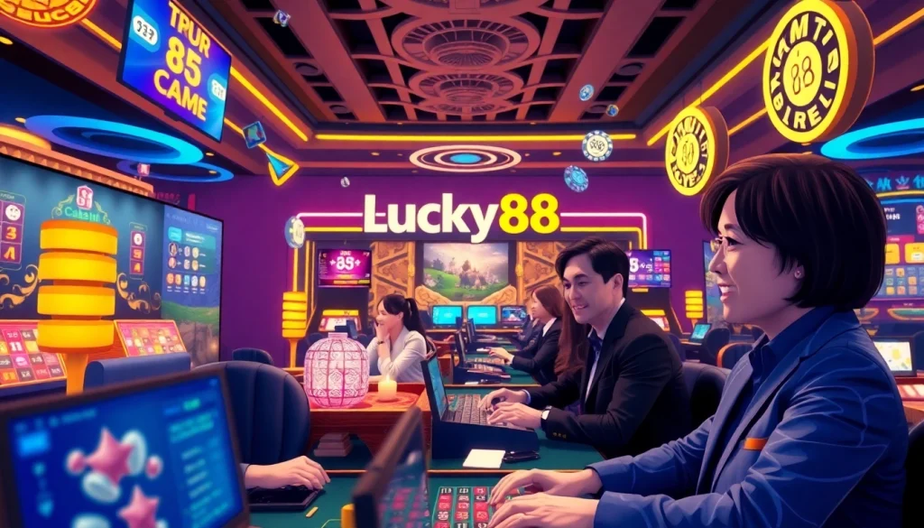 Lucky88 đăng nhập - Engaging interface showcasing casino games with vibrant players and secure transaction graphics.