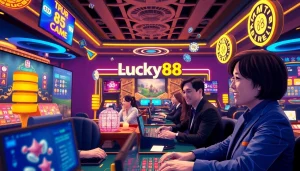Lucky88 đăng nhập - Engaging interface showcasing casino games with vibrant players and secure transaction graphics.