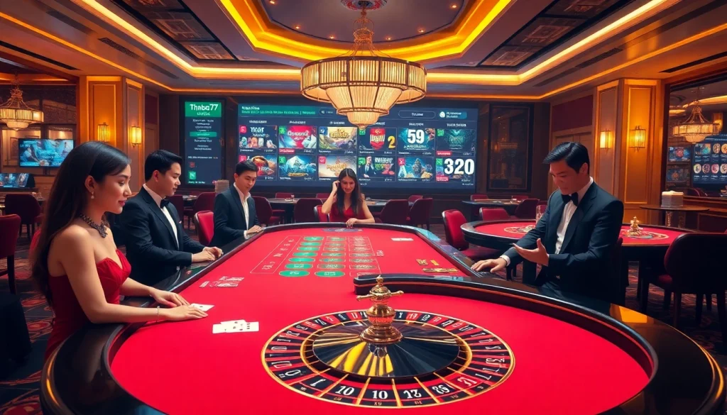 Experience the thrill of Thabet77 at a luxurious casino table with engaged players and vibrant betting chips.